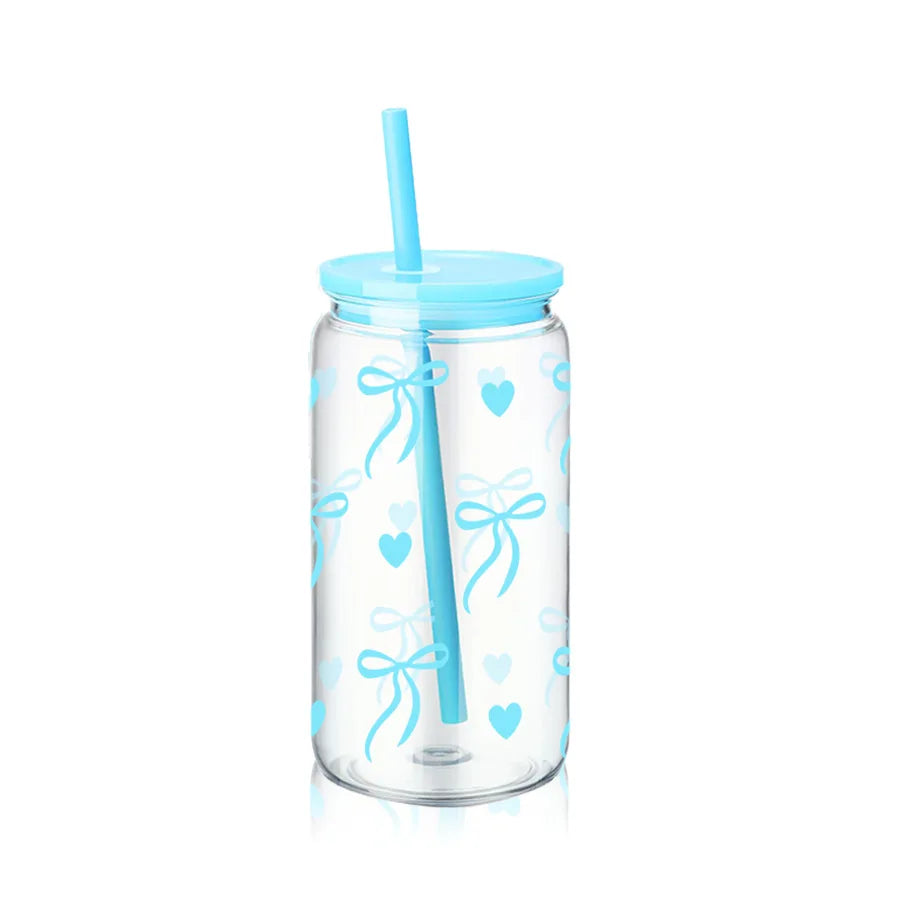 16oz Cute Bow Plastic Cup with Lid Bow Cherry Graffiti Pattern Water Bottle