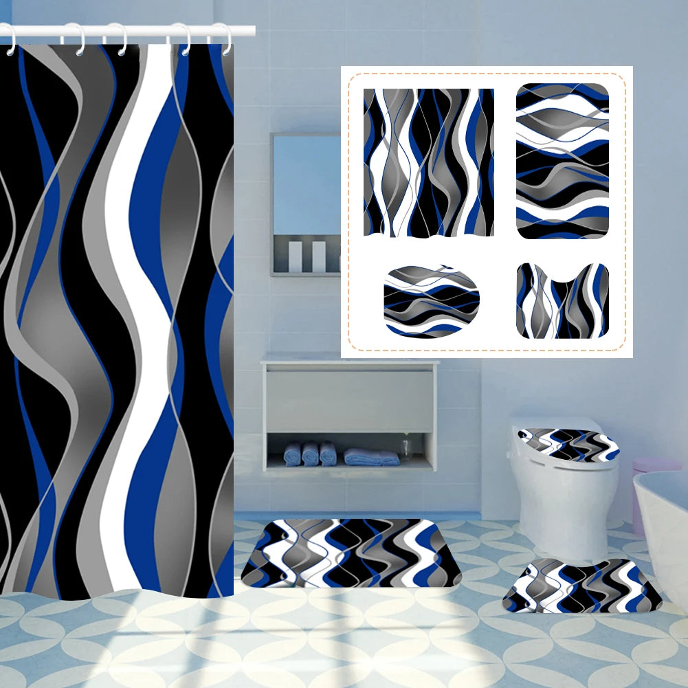 4PCS Flower Shower Curtain Set with Non-Slip Rugs Toilet Lid Cover and Bath Mat Black Shower Curtain Waterproof Bathroom Decor