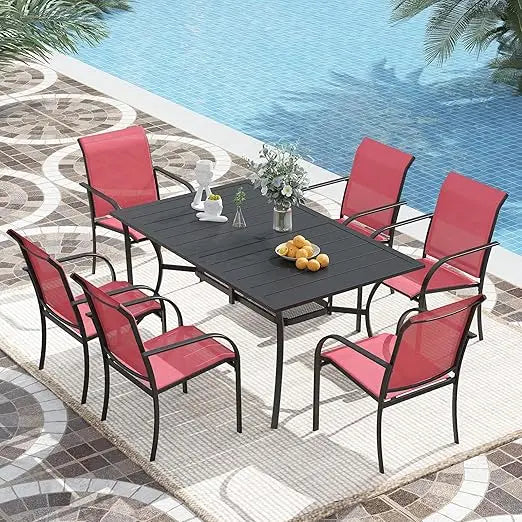 7 Pieces Patio Dining Set, Patio Furniture Set of 6 Patio Stackable Dining Chairs and Outdoor Rectangular Metal Table with Stor