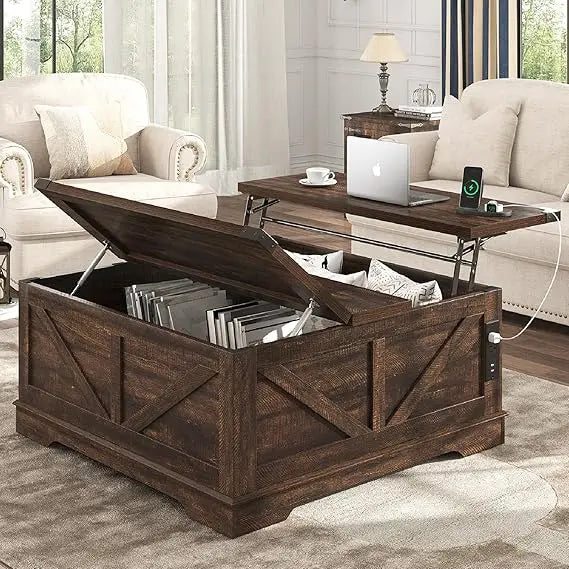 40” Large Farmhouse Lift Top Coffee Table with Power Outlets and Large Hidden Storage, Square Wood Living Room Tables, Multi-Fun