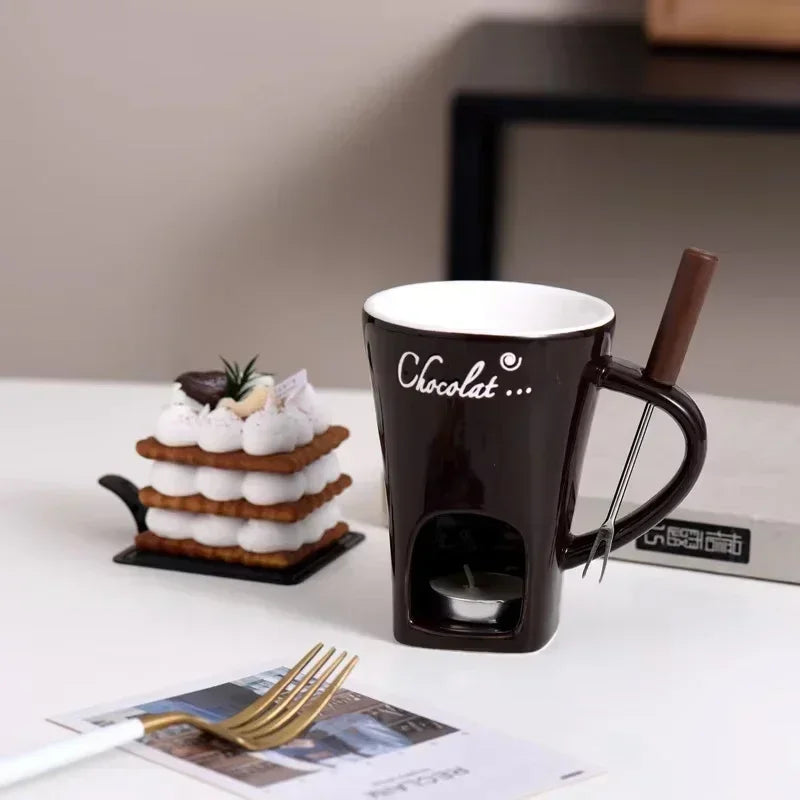 Hot Ceramic Chocolate Chafing Dish Cup with Fork  Chocolate Mug Tableware Creative