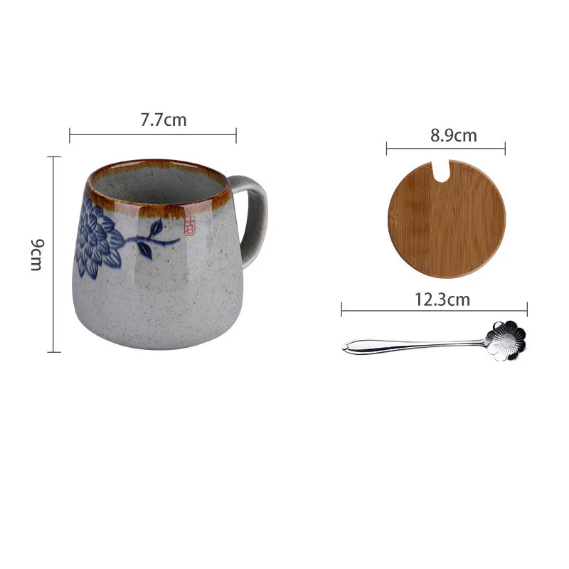 350ml Japanese Retro Ceramic Coffee Mug With Lid And Spoon Milk Breakfast Cups Home