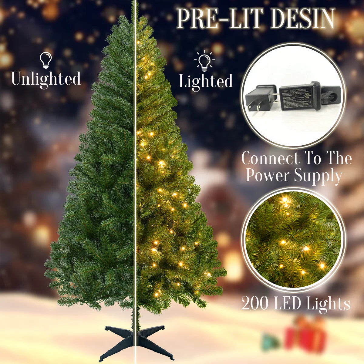 2025 Christmas Decoration 180/190cm Pre Lit Pop Up Artificial Christmas Tree 100/200 LED Lights Plug-In Power Party Home Decor