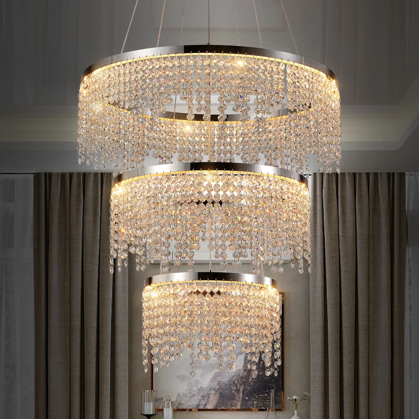 23.6-inch Crystal Chandelier, Dimmable Led Ceiling Lamp, Adjustable Color Temperature 3000K/4000K/6000K, Height Adjustable, Luxury Round Chandelier, Suitable for Living Room, Dining Room, Bedroom