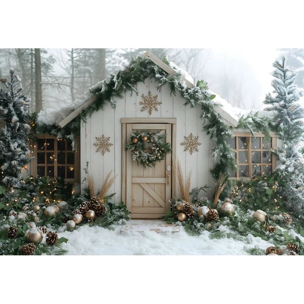 Winter Snow Christmas Wooden House Background Photography Flash Cottage Pine Tree Forest Kids Family Portrait Backdrop Studio