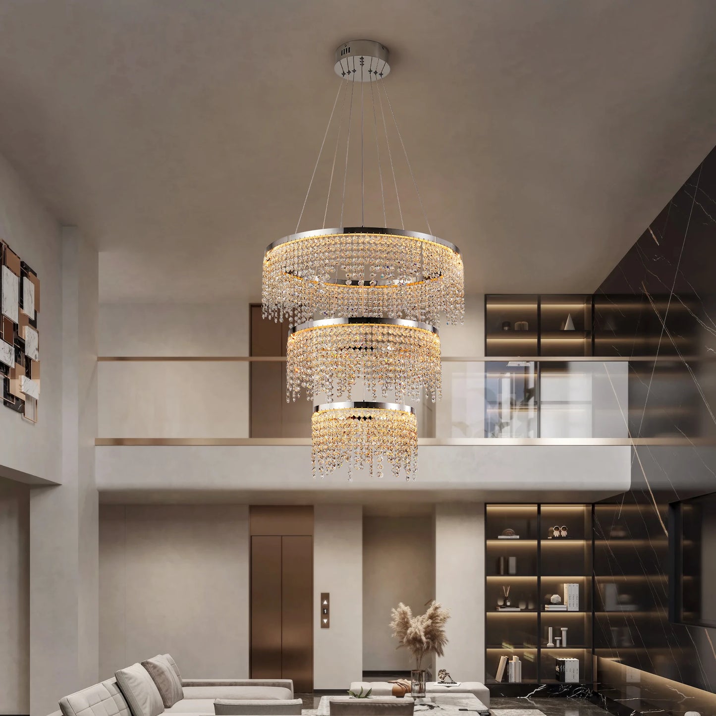23.6-inch Crystal Chandelier, Dimmable Led Ceiling Lamp, Adjustable Color Temperature 3000K/4000K/6000K, Height Adjustable, Luxury Round Chandelier, Suitable for Living Room, Dining Room, Bedroom