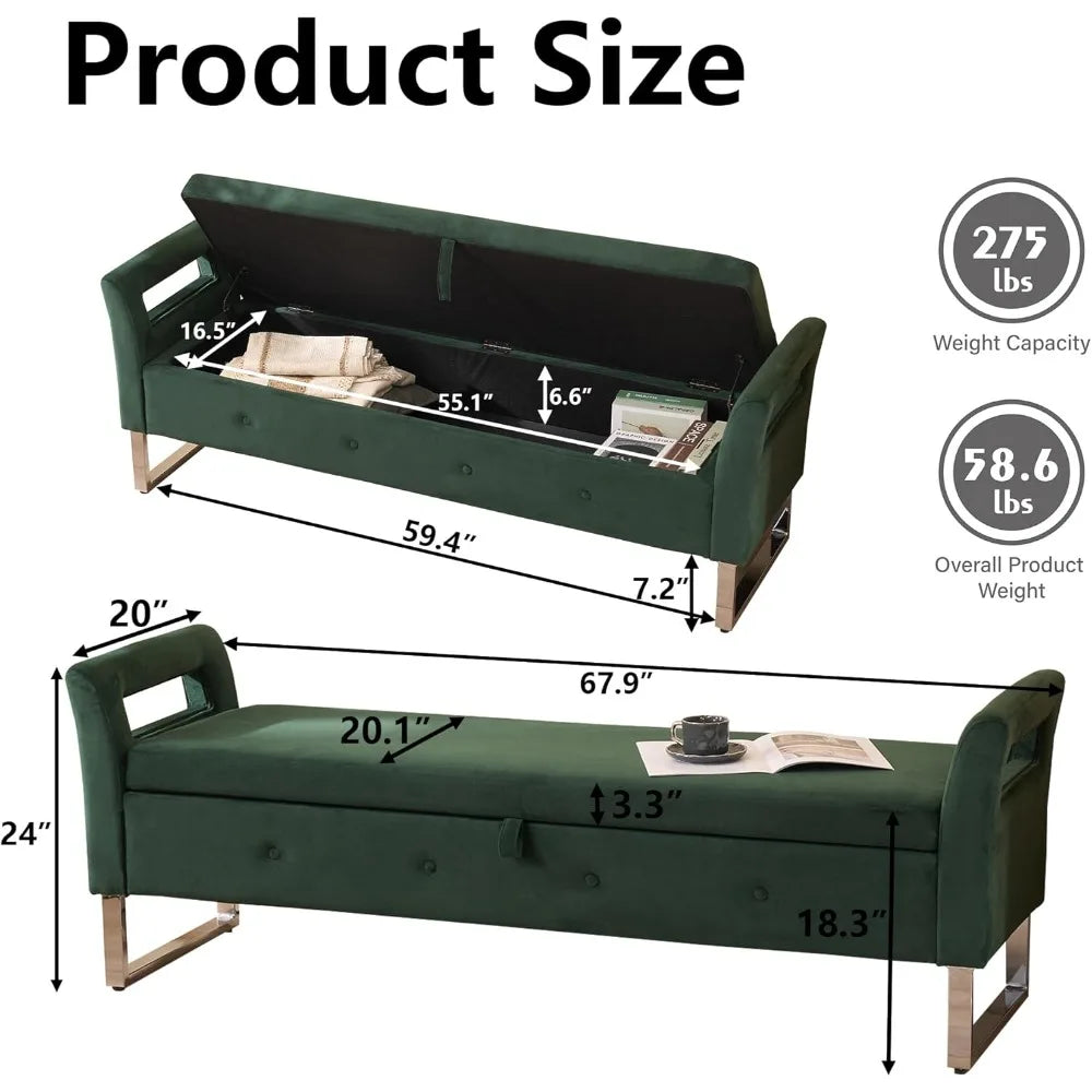 67.9” End of Bed Storage Bench King Size,Green Velvet Ottoman Bench for Bedroom & Entryway,Soft