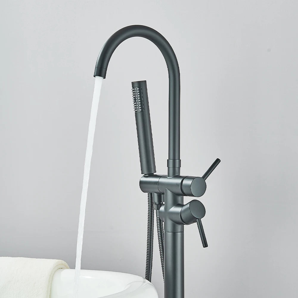 Black Bathroom  Bathtub Faucet With Hand Shower  Hot and Cold Faucet Floor Mounted Tub