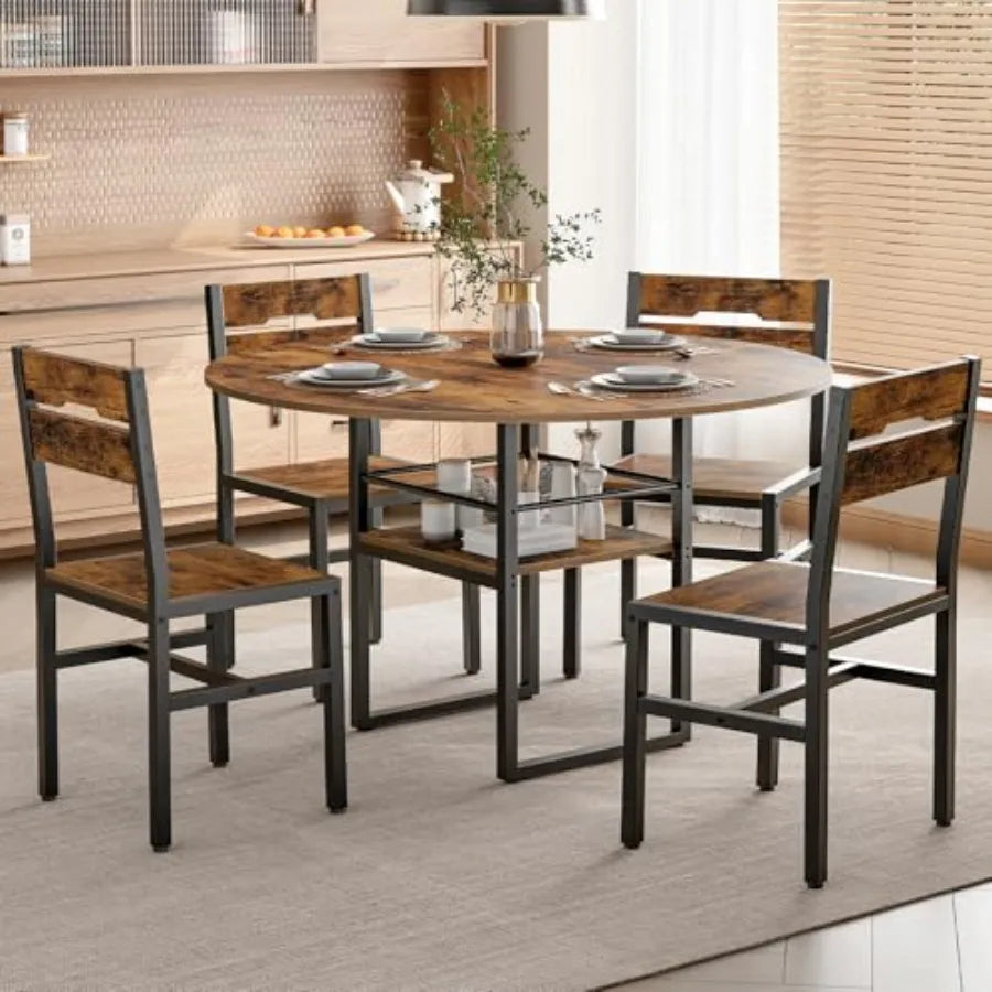 Round Dining Table Set for 4 Circle Kitchen Table and 4 Chairs 5 Piece Dining Table Set with Wooden Tabletop and Widen Seat Spa
