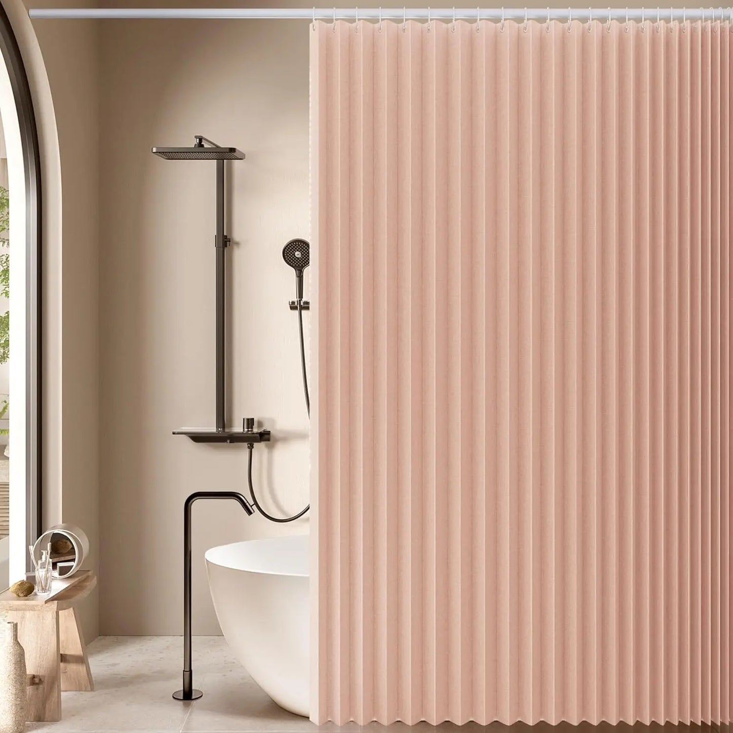 Magnetic Folding Shower Curtain，Waterproof & Space-Saving Design with Hooks, Thick Fabric in 6 Colors