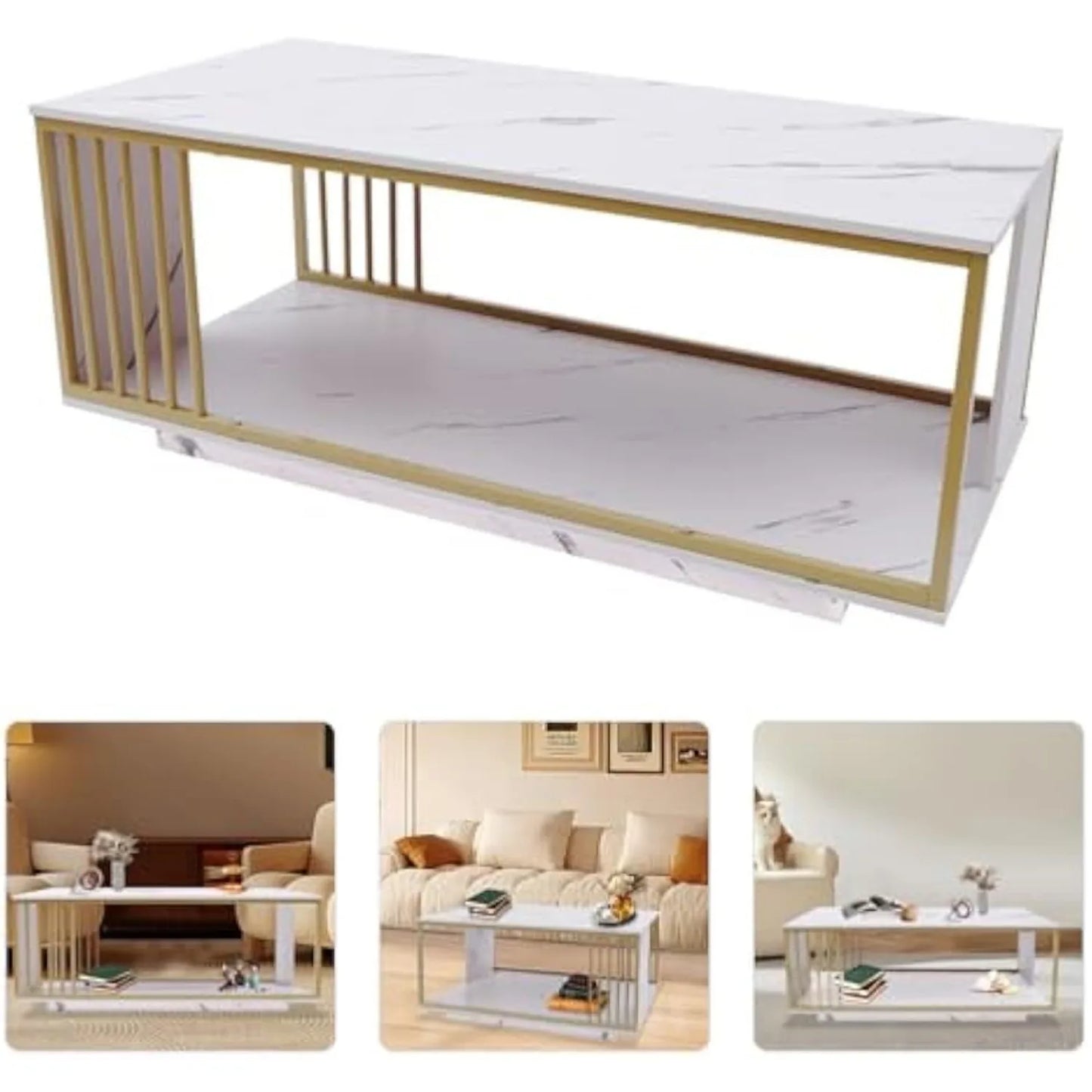 Modern White Marble Veneer Coffee Table, 2 Tier Rectangular Coffee Table with Gold Frame Sofa End Table for Living Room Bedroom