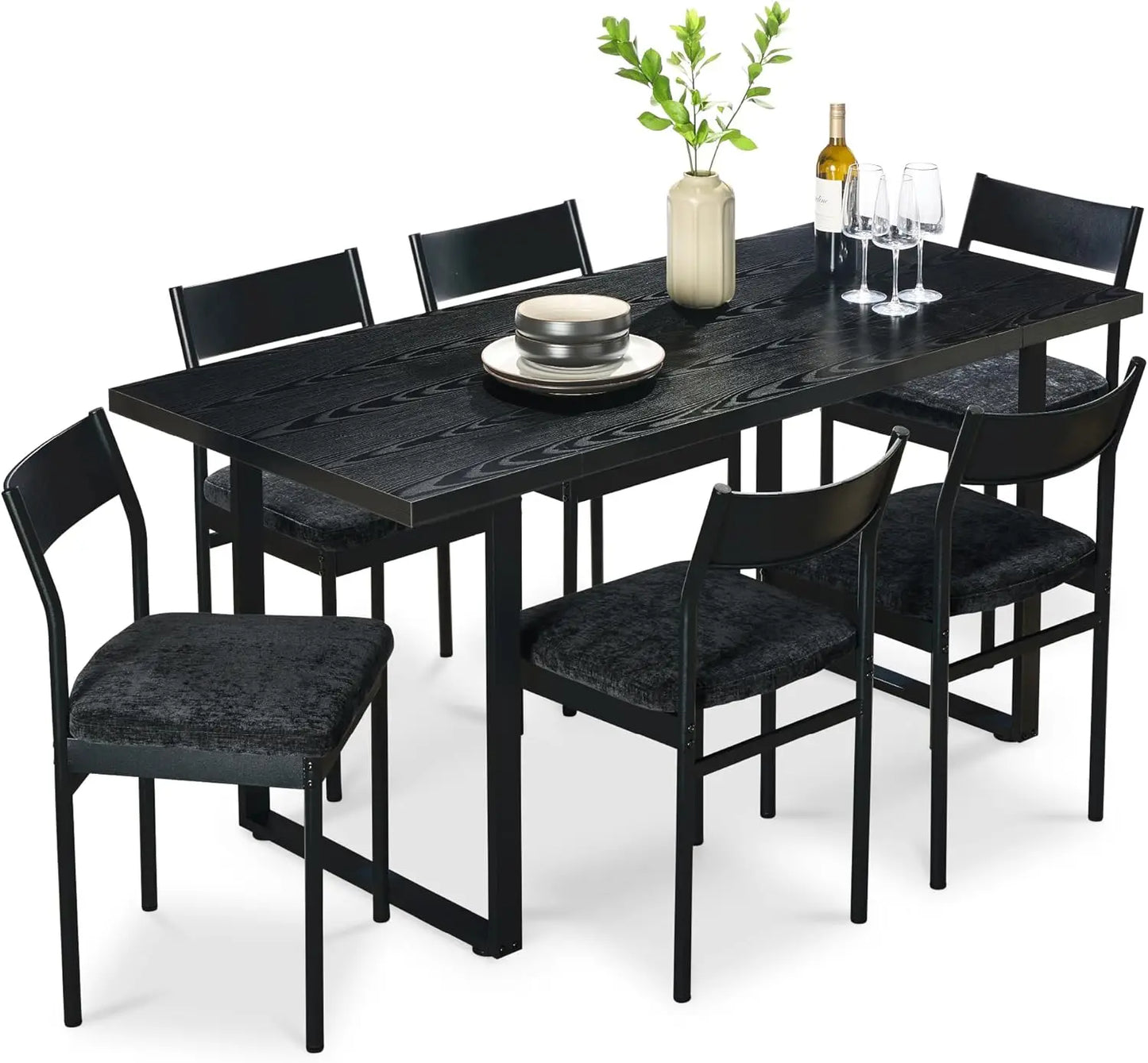 7-Piece Modern Dining Room Set, Kitchen Table Set, Dining Table w/ 6 Chairs, Upholstered Cushions, Solid Metal Frame