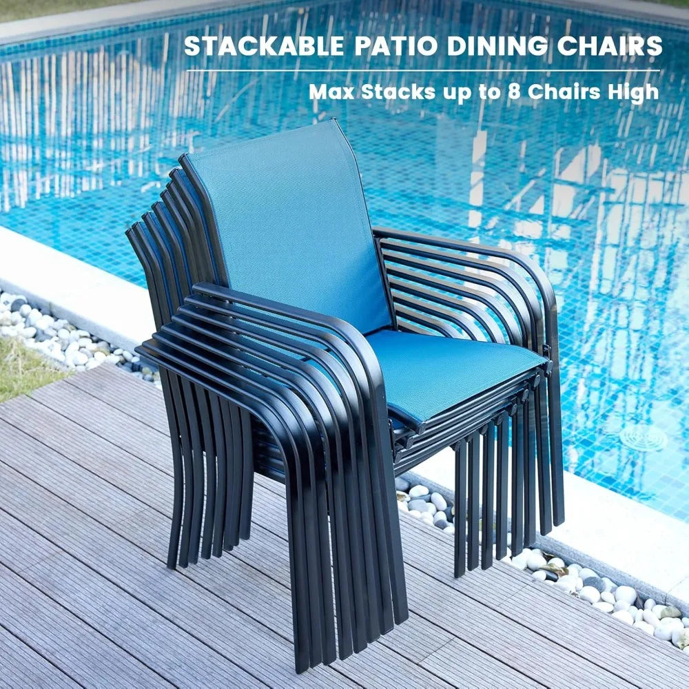 7 Pieces Patio Dining Set, Patio Furniture Set of 6 Patio Stackable Dining Chairs and Outdoor Rectangular Metal Table with Stor