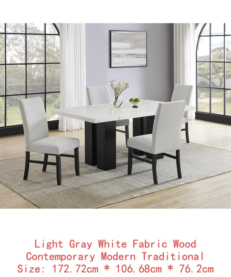 6-Pc Dining Set, White Rectangular Marble Tabletop, Dark Finish Base, Upholstered Chairs & Bench, Soft Wood Furniture for