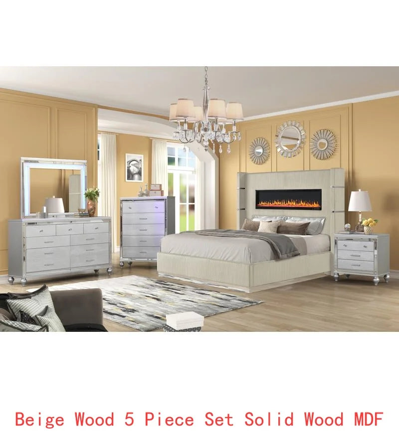 Upholstered Wooden King 5-Piece Bedroom Set with Ambient Lighting in Black Velvet Finish