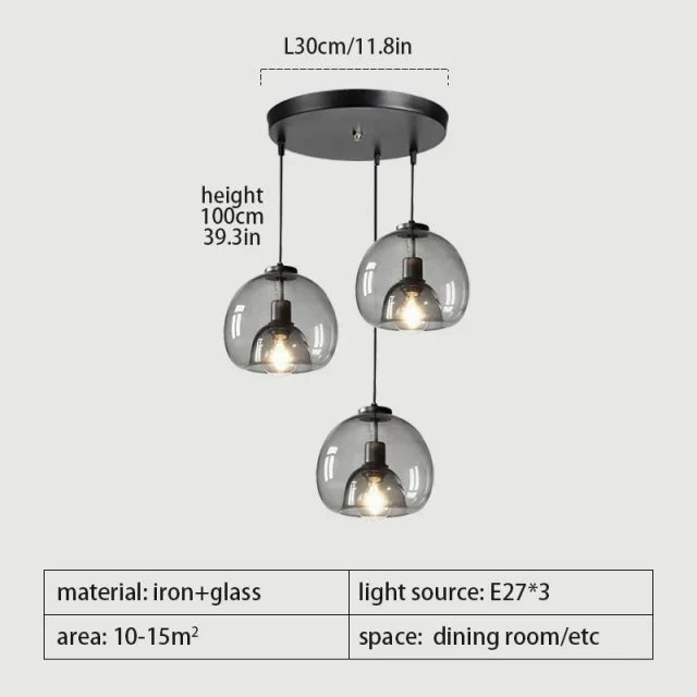 Nordic Glass Pendant Light for Kitchen Island Chandelier Smoke Gray Hanging Lamp for Living Room Dining Room