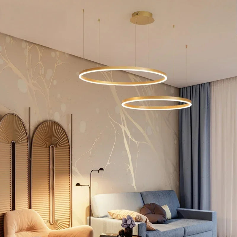 2025 Modern Led Ceiling Chandelier Home Brushed Round Rings Mounted Pendant Lighting Living Room Gold Coffee Color Hanging Lamp