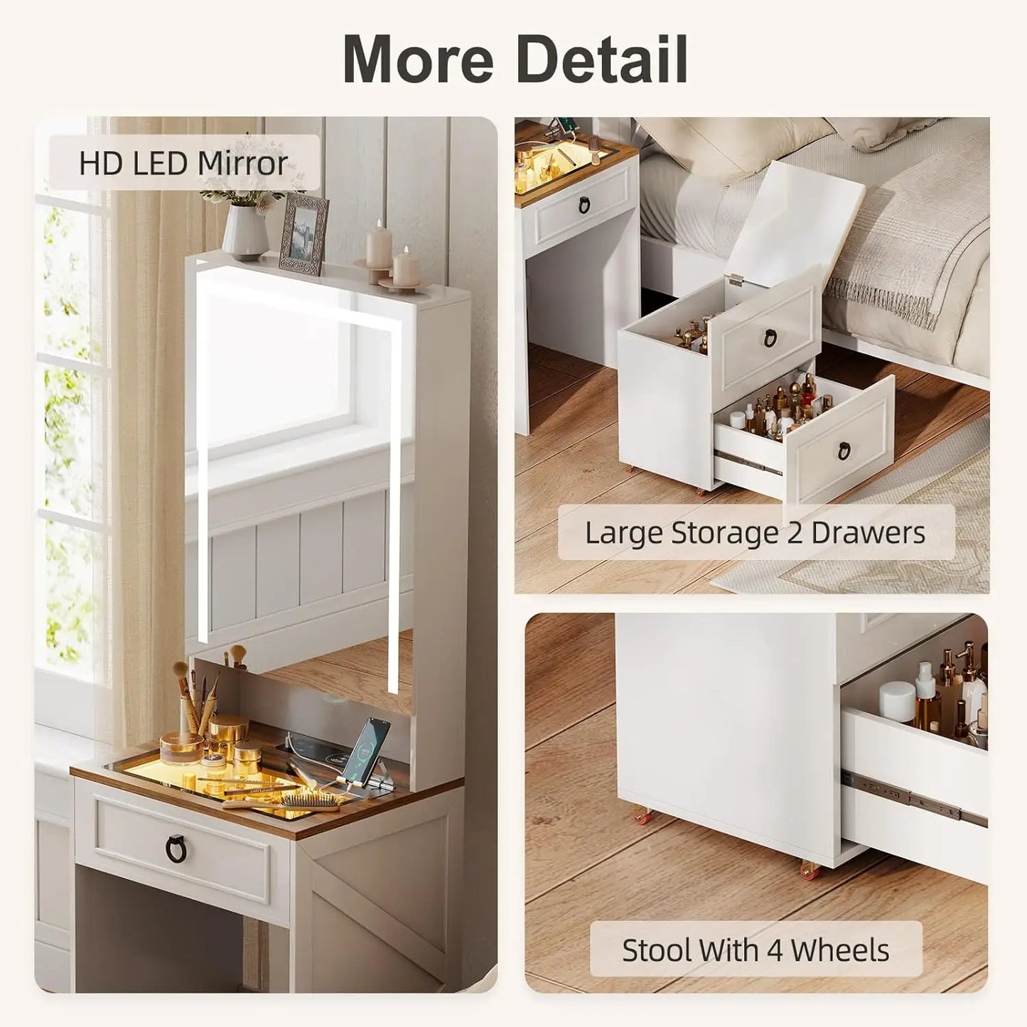 NEW Makeup Vanity Desk with Mirror and Lights,Small Vanity Desk Set with Charging Station,Compact Dressing Table, White