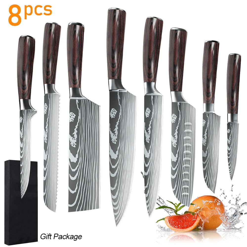 8/10pcs Gift Kitchen Knives Set  Pattern Chef Knife High Carbon