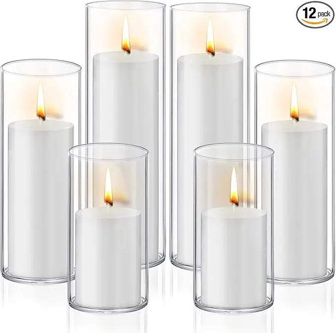 12 PCS White Pillar Candles with Glass Candle Holders Clear Hurricane Candle Holders Glass Cylinder Vases for Centerpieces Weddi