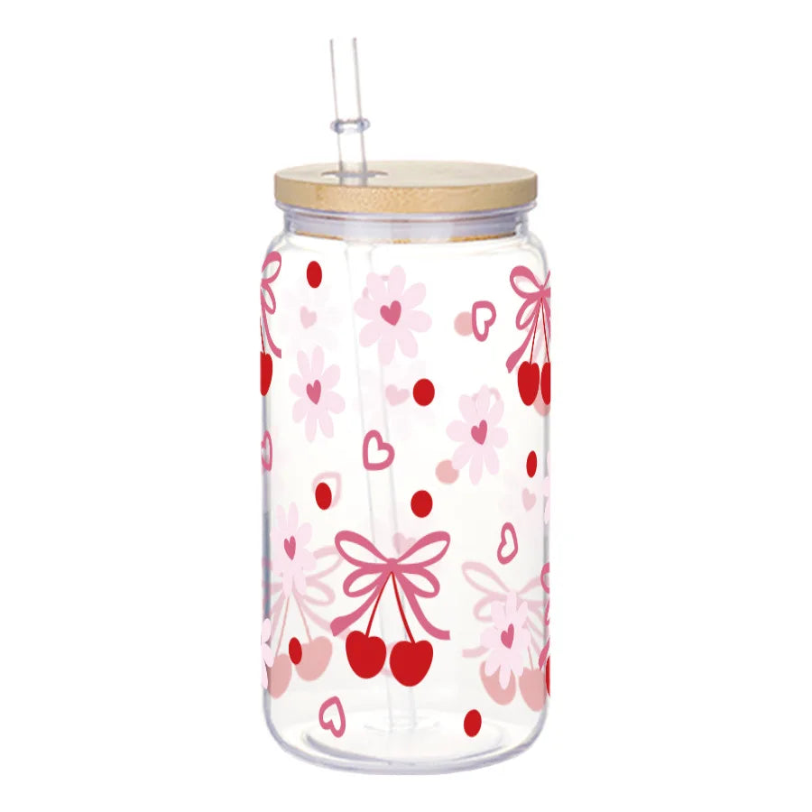 16oz Cute Bow Plastic Cup with Lid Bow Cherry Graffiti Pattern Water Bottle