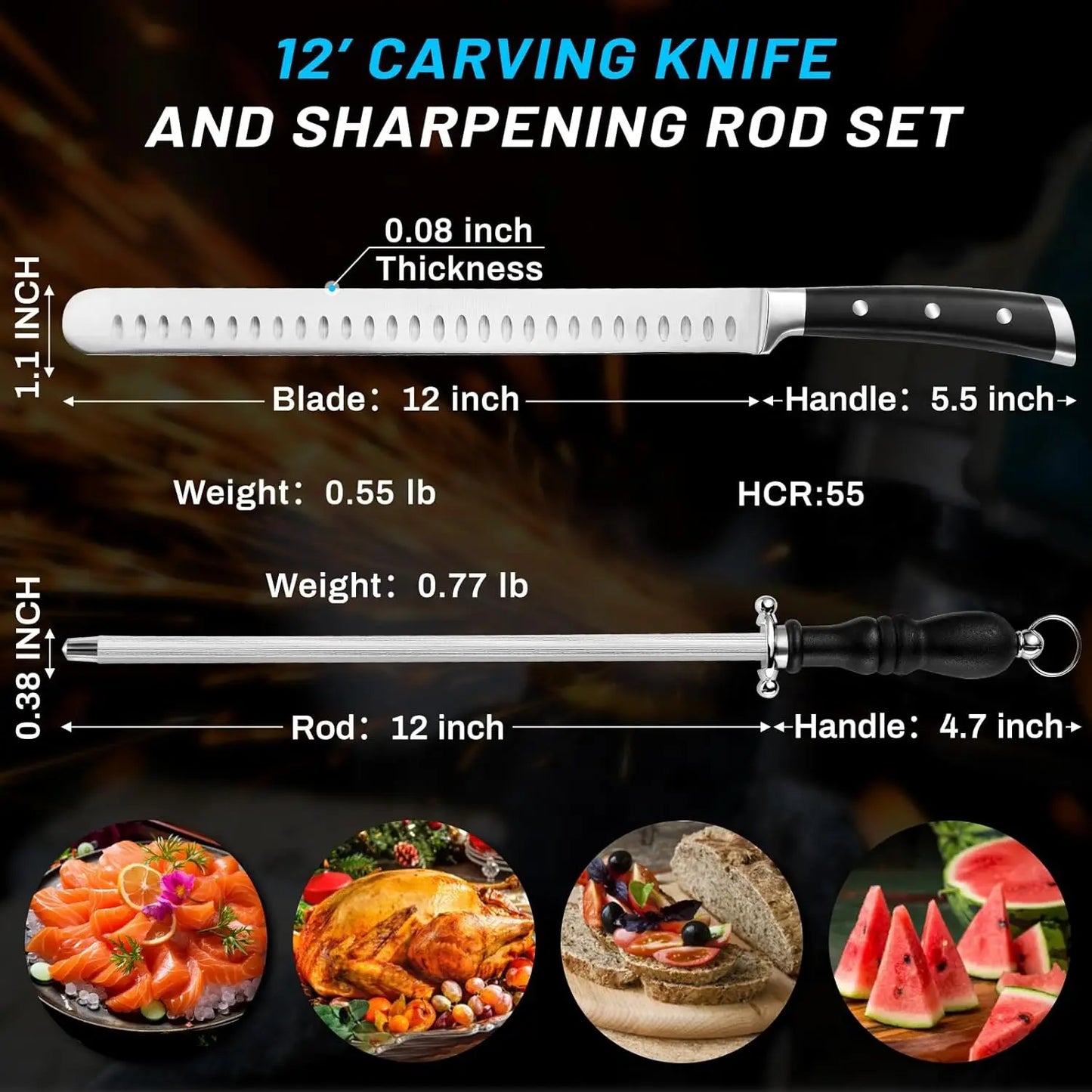 Brisket Slicer Kit,12" Razor Sharp Meat Carving Knife & 12" Honing Rod for Kitchen
