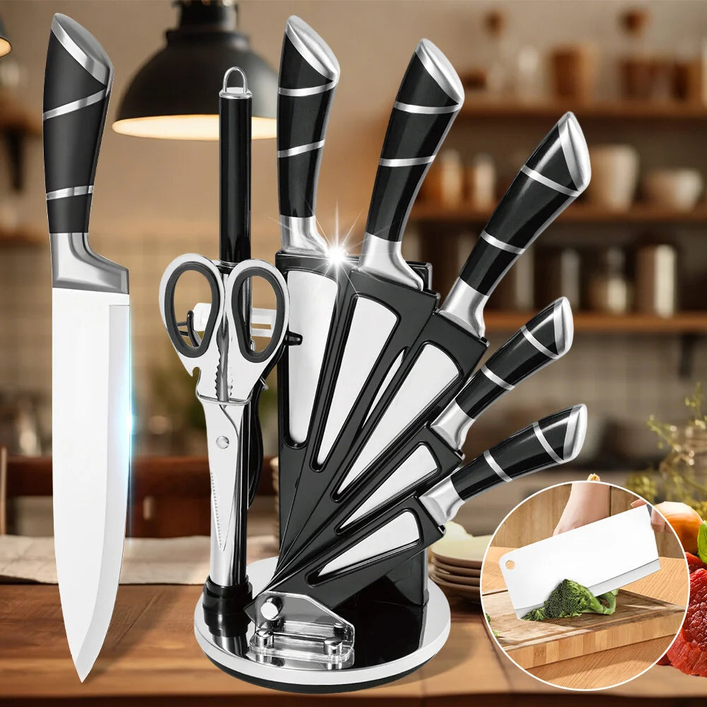 ZENG Stainless Steel Kitchen Knife Set Sharp Non-Stick Coated Chef Knives with Sharpener