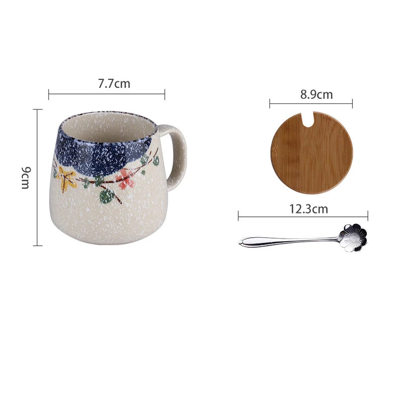 350ml Japanese Retro Ceramic Coffee Mug With Lid And Spoon Milk Breakfast Cups Home