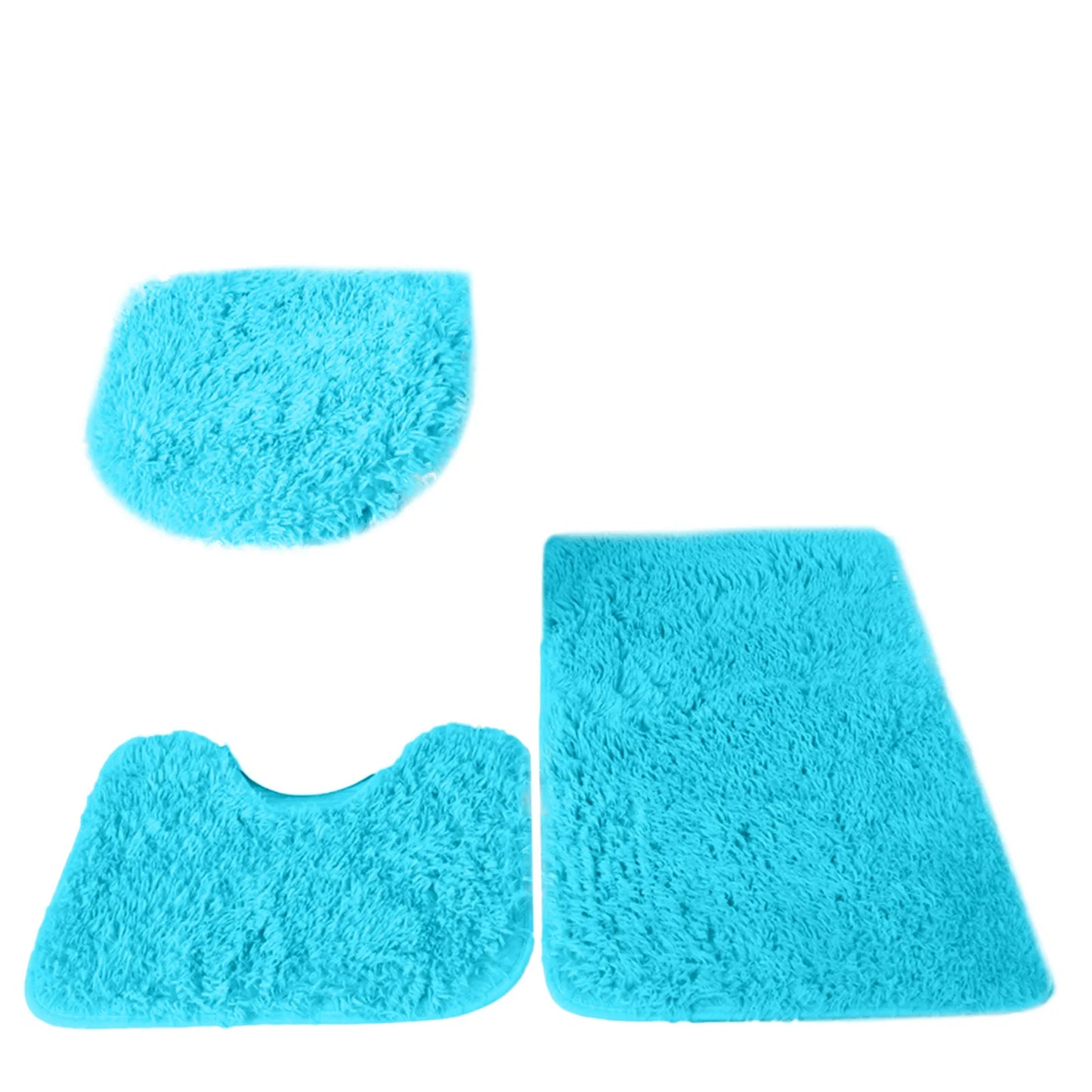 3pc Bathroom Set Rug Mat Toilet Lid Cover Plain Solid Color Bathmats Rugs Kit Non-Slip Fluffy