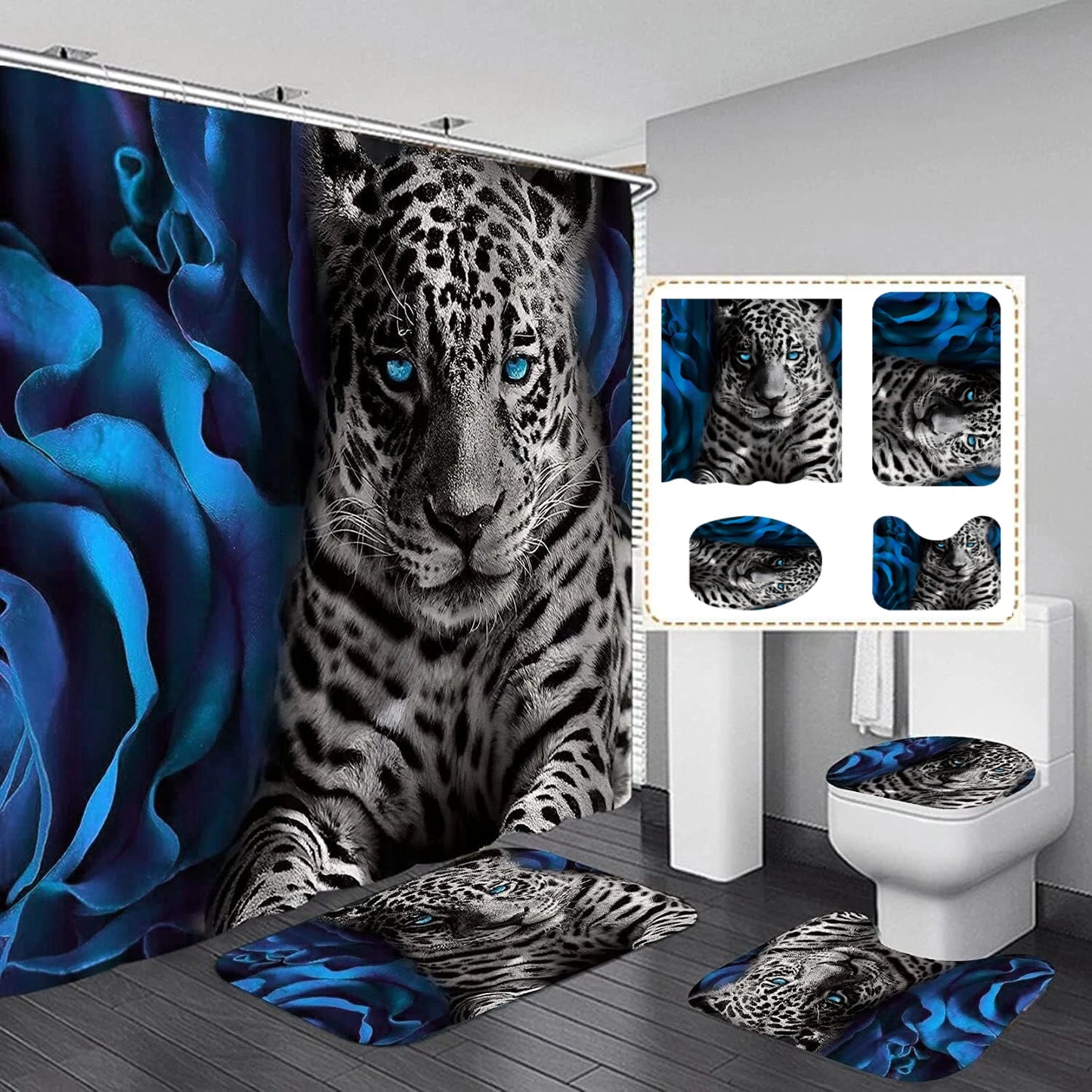 4pcs Set Doormat Shower Curtain with Non-Slip Rugs Toilet Seat Cover Bath Carpet Durable Waterproof Bathroom