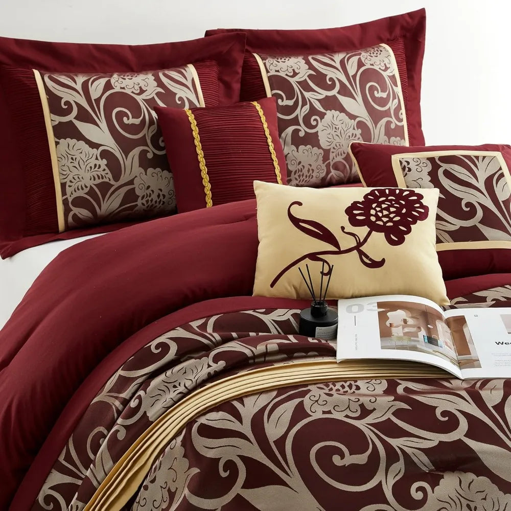 Red and Gold Comforter Set Queen Size, 9 Piece Jacquard Floral Bedding Set, All Season, Ultra-Soft, Matching Pillows & Shams, B