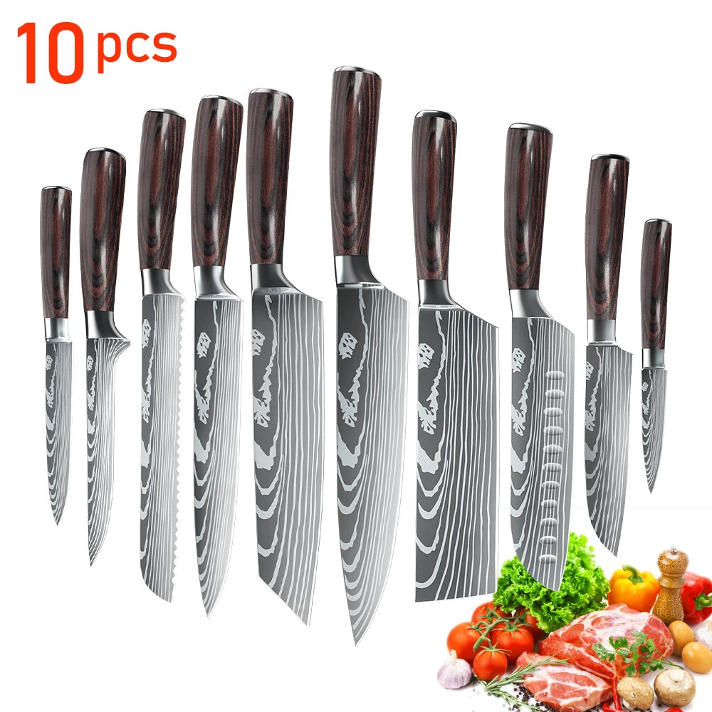 1-10PCS Chef knife Japanese Kitchen Knives Set  Stainless Steel Cleaver Slicer Knife