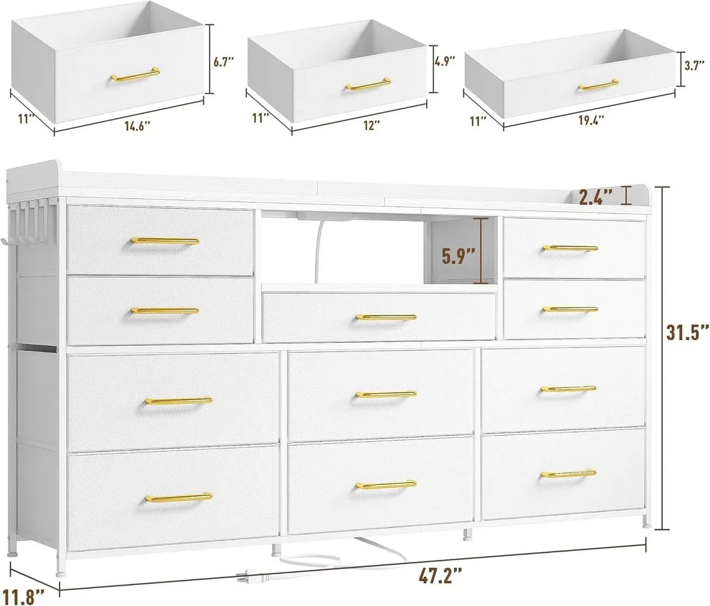 Dresser for Bedroom with 11 Drawers for 60" TV Stand for Bedroom with LED Lights & Charging Station Long Dresser with Shelves