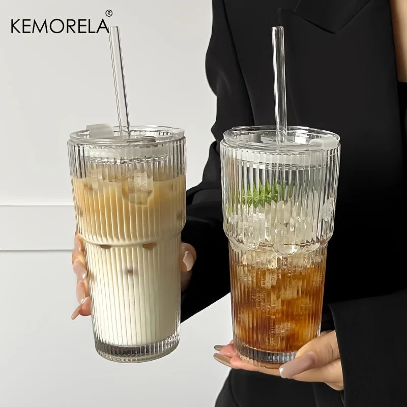 600ML Stripe Glass Coffee Cup With Lid and Without Cover Straw Transparent Drinking Glasses