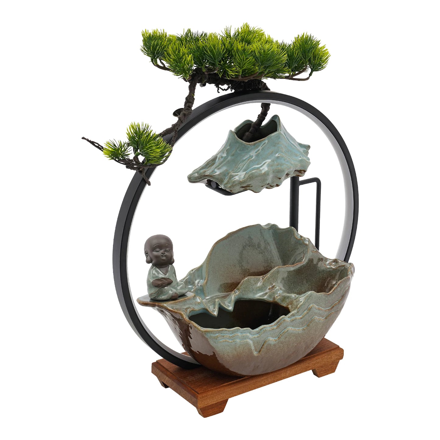 DC 24V Feng Shui Tabletop Water Fountain Indoor Waterfall with LED Mist Desk Fountain