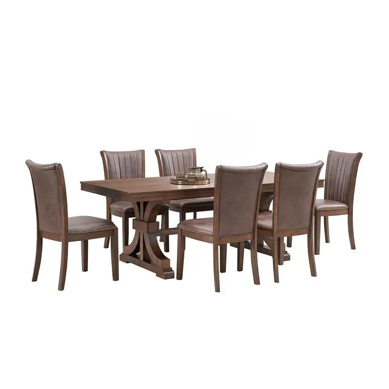 Mid-Century Modern 7-Piece Dining Table Set, Rectangular Oak Table with 6 Faux Leather Upholstered Chairs for Kitchen or Dining