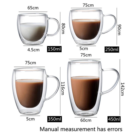 150/250/350/450ml Heat Resistant Double Wall Coffee Cup Transparent Glass