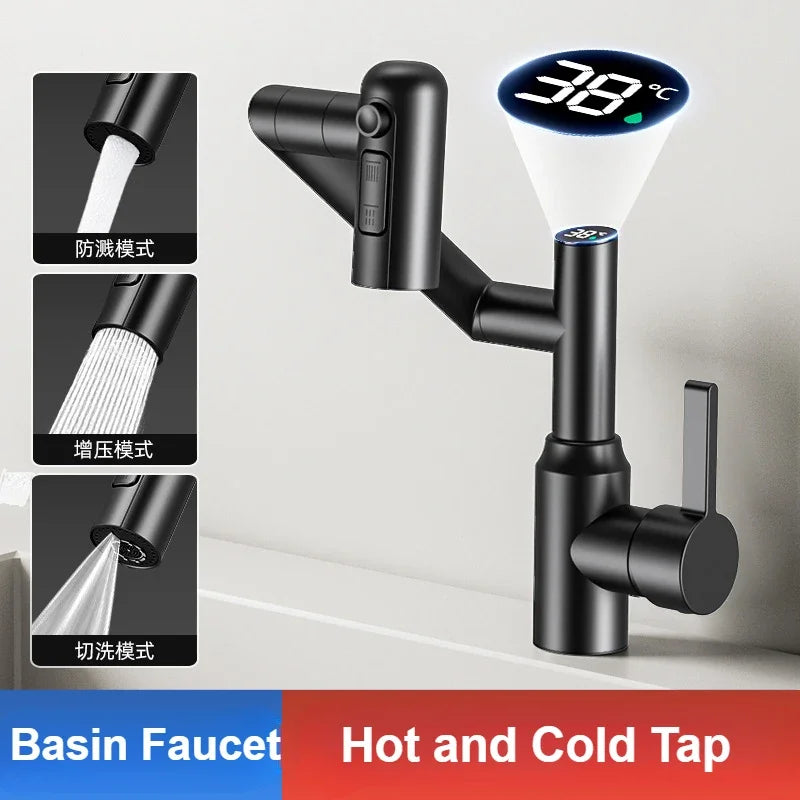 Washbasin Faucet Bathroom Multi-functional Mechanical Arm Cold and Hot Water Tap Digital Display Household Universal Rotation