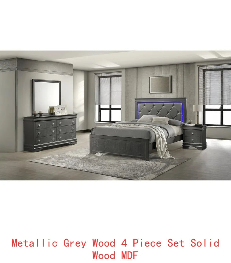 Modern 4-Piece Twin Bedroom Set with LED Headboard in Metallic Gray, Wood Construction, Stylish Design, Perfect for Any Room