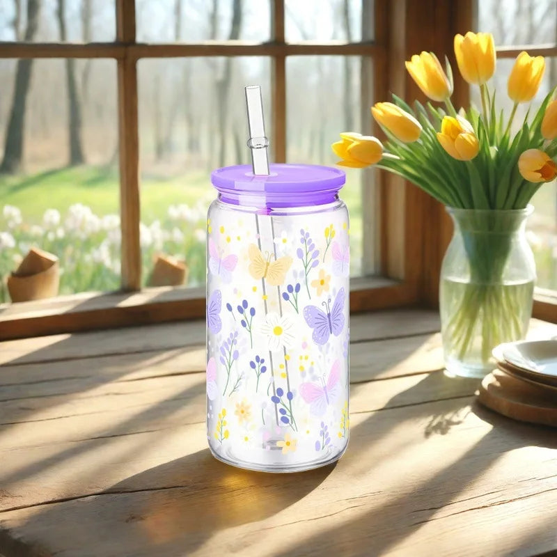 16oz Cute Bow Plastic Cup with Lid Bow Cherry Graffiti Pattern Water Bottle