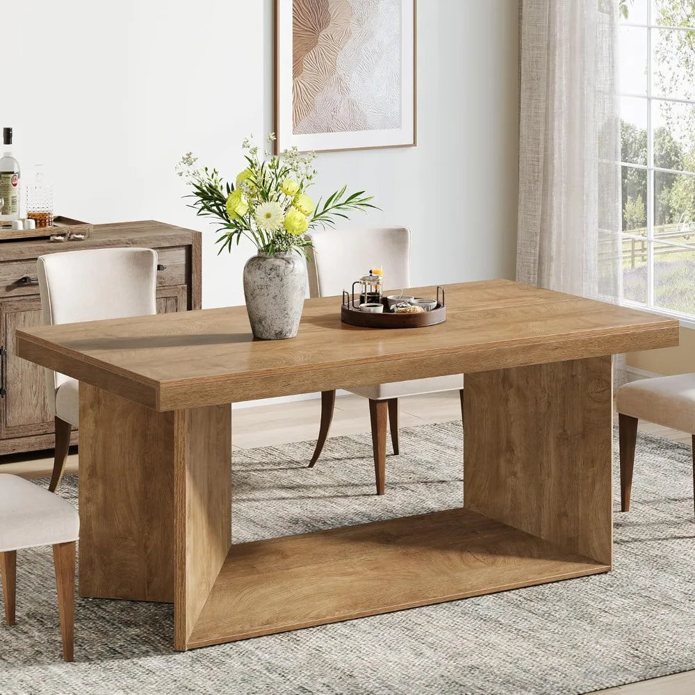 63-Inch Dining Table for 4-6, Farmhouse Kitchen Table with Heavy Duty Pedestal, Rectangular Wooden Dinner Furniture