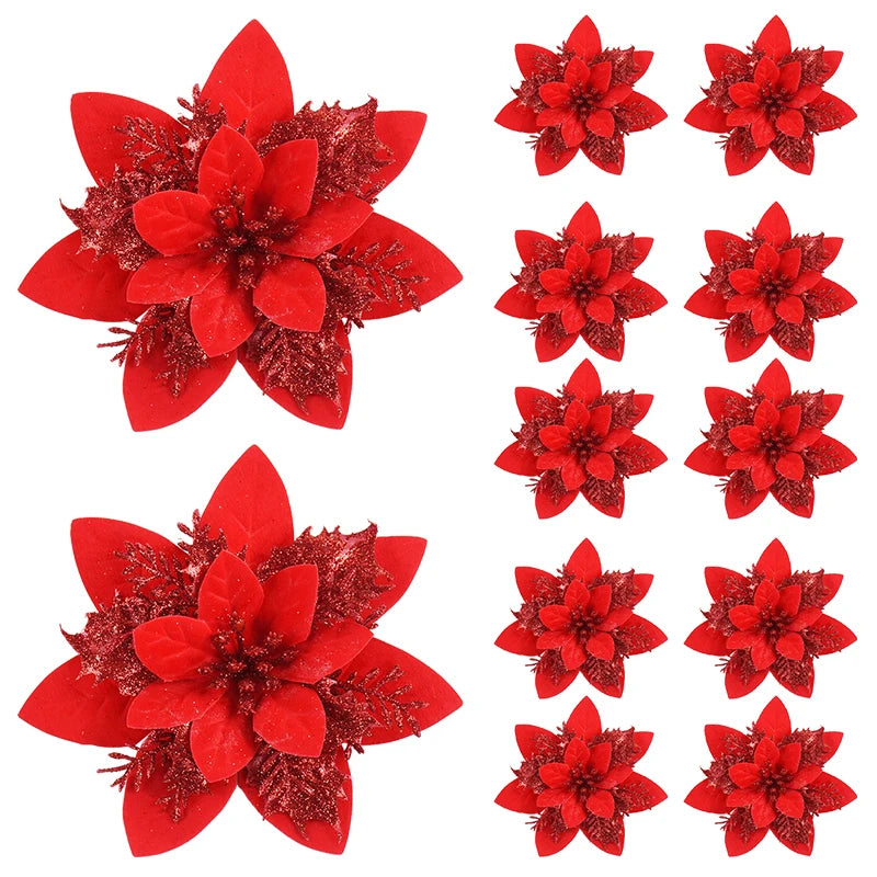 5/10Pcs Glitter Pink Christmas Flowers Xmas Tree 14cm Artifical Flower Ornaments 2025 Christmas Decoration For Home New Year