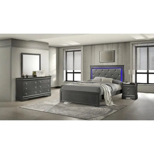 Modern 4-Piece Twin Bedroom Set with LED Headboard in Metallic Gray, Wood Construction, Stylish Design, Perfect for Any Room
