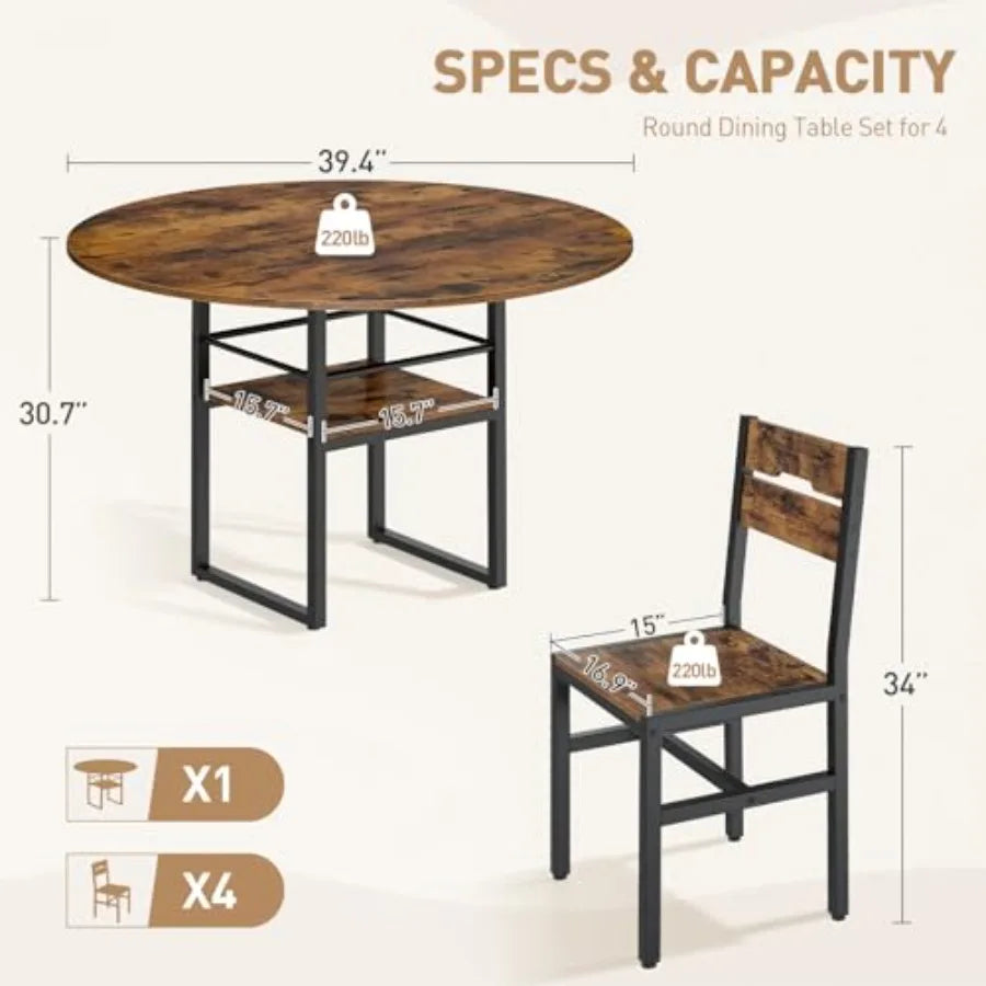 Round Dining Table Set for 4 Circle Kitchen Table and 4 Chairs 5 Piece Dining Table Set with Wooden Tabletop and Widen Seat Spa