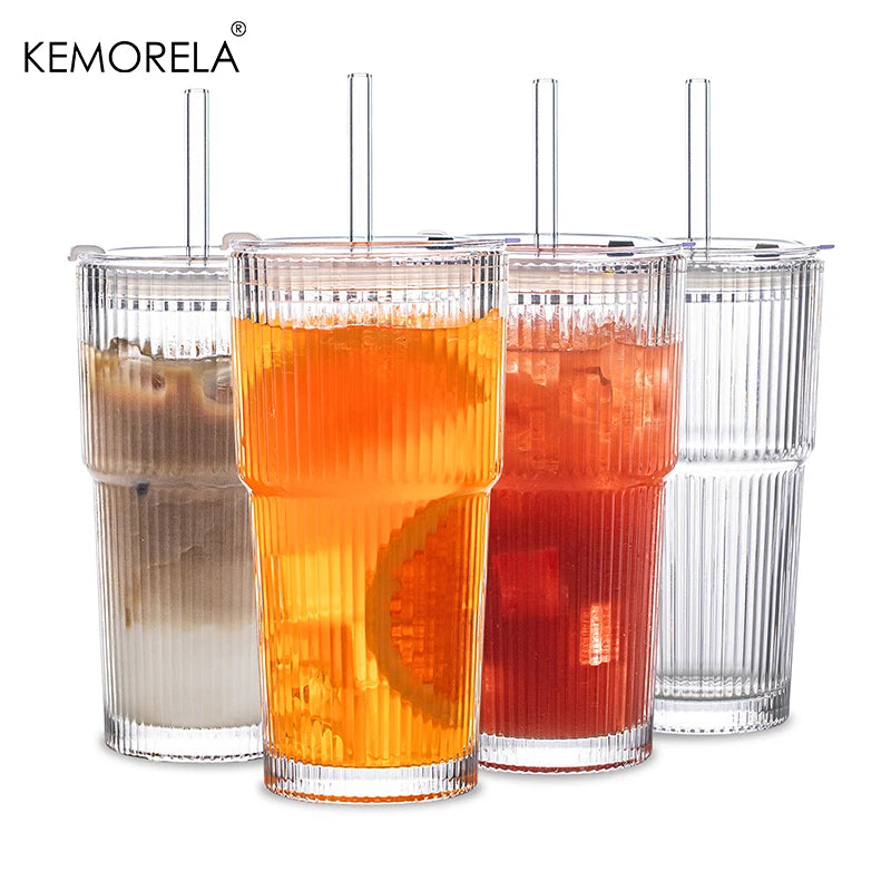 600ML Stripe Glass Coffee Cup With Lid and Without Cover Straw Transparent Drinking Glasses