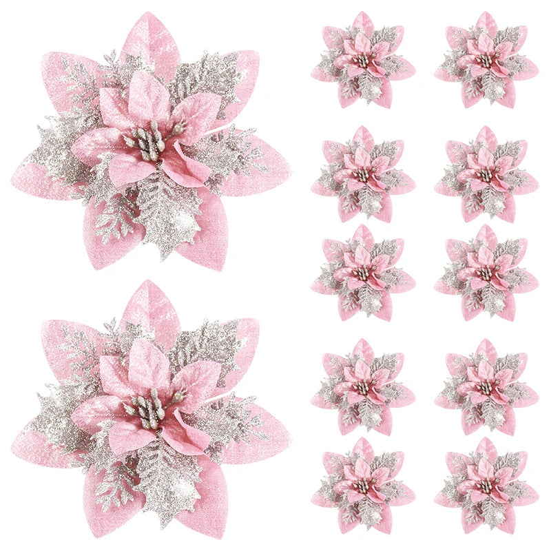 5/10Pcs Glitter Pink Christmas Flowers Xmas Tree 14cm Artifical Flower Ornaments 2025 Christmas Decoration For Home New Year