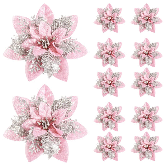 5/10Pcs Glitter Pink Christmas Flowers Xmas Tree 14cm Artifical Flower Ornaments 2025 Christmas Decoration For Home New Year