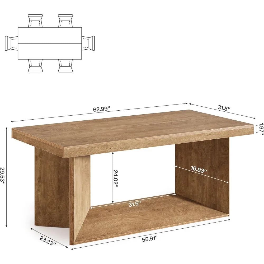 63-Inch Dining Table for 4-6, Farmhouse Kitchen Table with Heavy Duty Pedestal, Rectangular Wooden Dinner Furniture