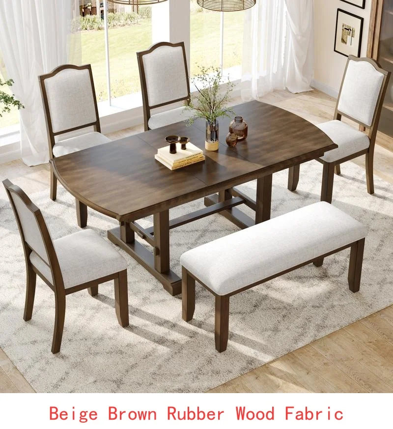 6-Piece Dining Set, Extendable 60-78 inch Wooden Table with Leaf, 4 Upholstered Chairs & Bench for 6, Kitchen Dining Table Set,
