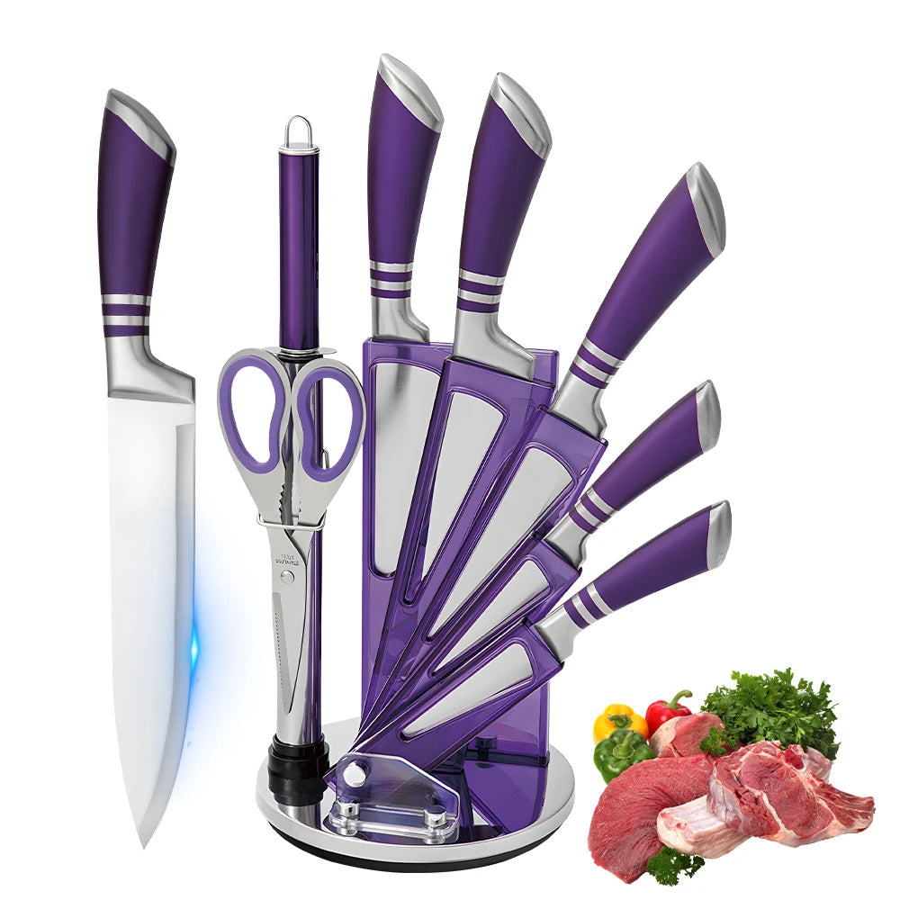 Kitchen Knife Set 9pcs Stainless Steel Sharp Non-Stick Coated Chef Knives with Sharpener